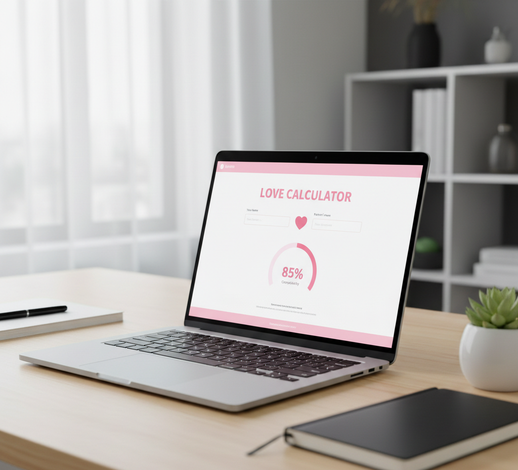 Love Calculator Online interface showing name inputs and compatibility percentage meter.