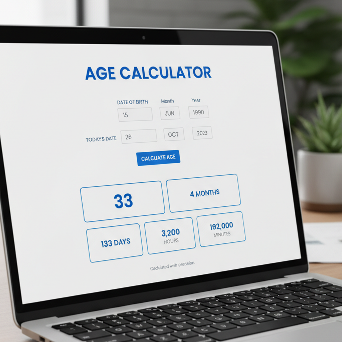 Age Calculator Online tool interface showing date of birth input and detailed age results breakdown.