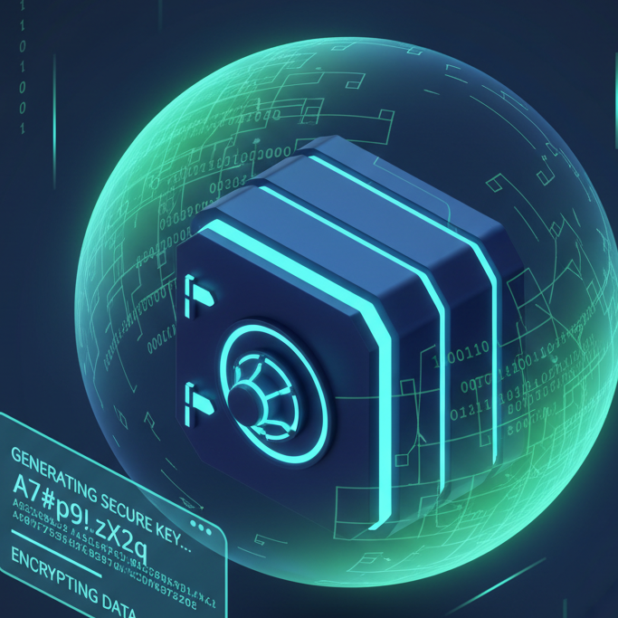 Strong random password generator tool by ToolsHQ featuring a digital security shield and encrypted alphanumeric characters for enhanced online privacy and cybersecurity.